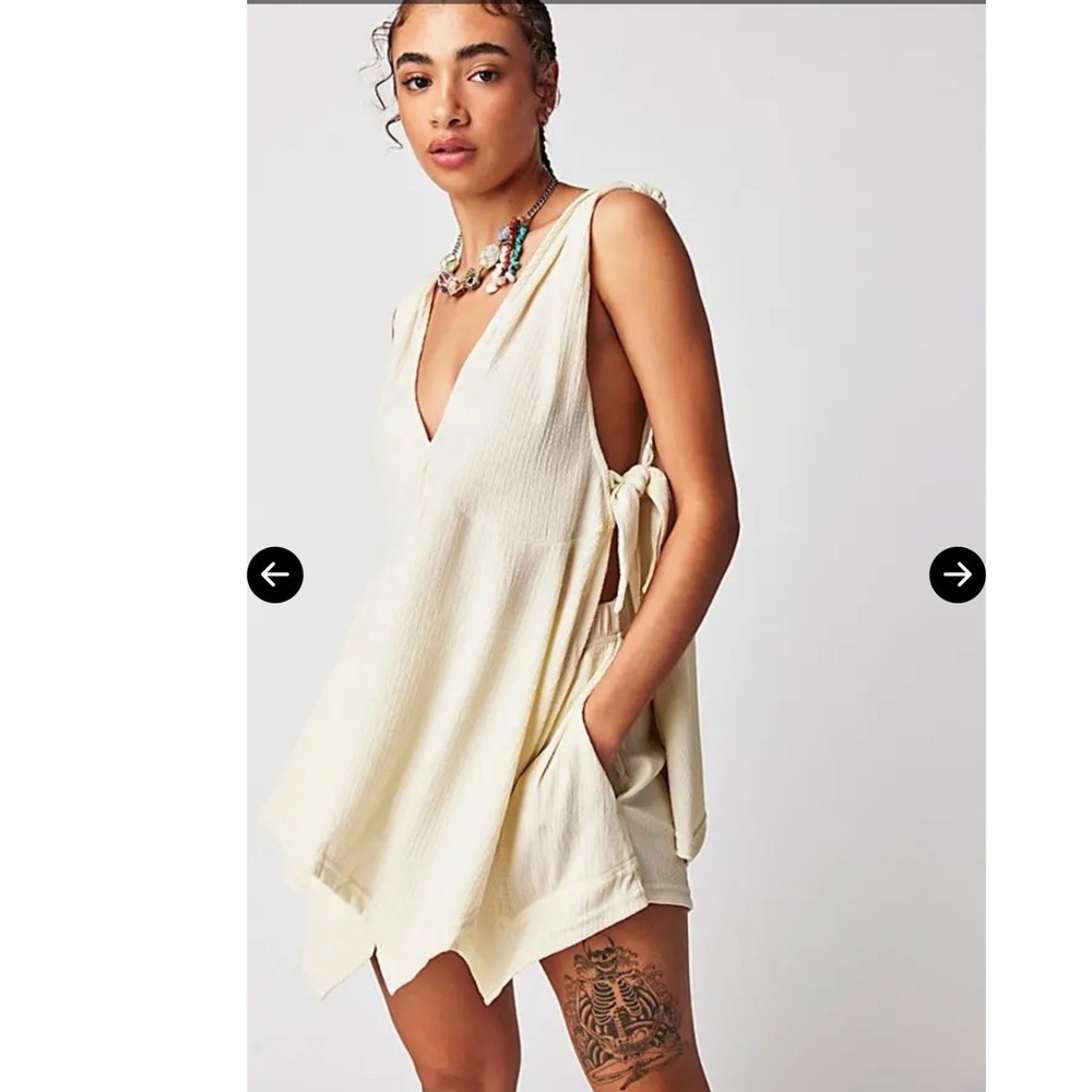Free People Beach Bliss Shirt Cream Textured Side Tie Tunic Top Tank V-Neck M